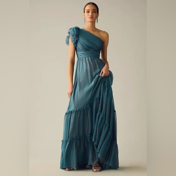 Mac Duggal Organza One-Shoulder Pleated Tiered Gown Sage - Picture 3 of 8